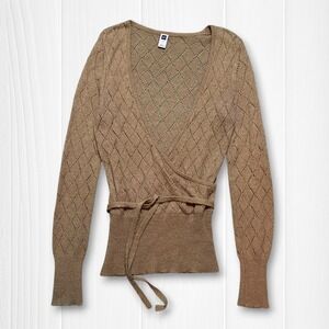 VTG Y2K Gap Pointelle Diamond Knit Ballet Wrap Style Sweater Womens L Brown